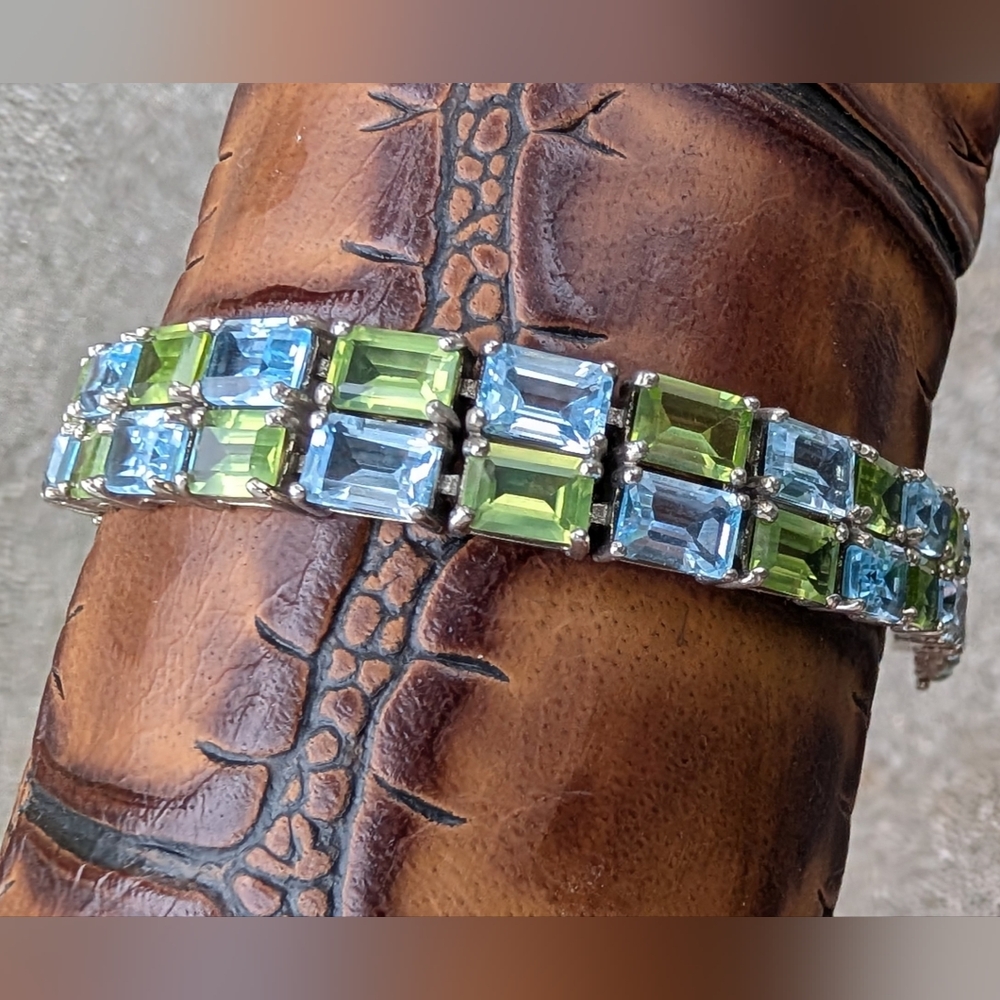 Tennis Bracelet 925 Silver Peridot Green Blue Topaz Gemstone Bracelet VTG